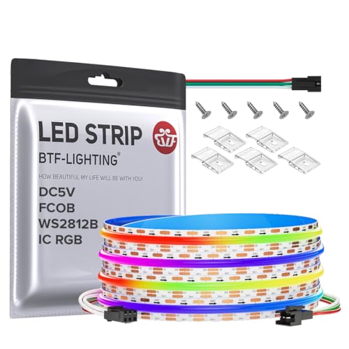 BTF-LIGHTING FCOB COB WS2812B IC RGB LED Strip DC5V 9.8FT Individual Addressable 160Pixel/m 480LEDs 480IC Dream Color IP30 Non-Waterproof High Density Light 0.39in Width(No Adapter or Controller)