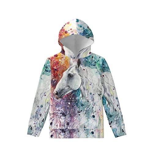 doginthehole Horse Hoodies for Boys Girls, Teen Hooded Sweatshirts Art Painting Watercolor Horses Gifts Long Sleeve Pullover Sweatshirt with Large Pockets, Fashion Holiday Sports Hoody 8-10 Years