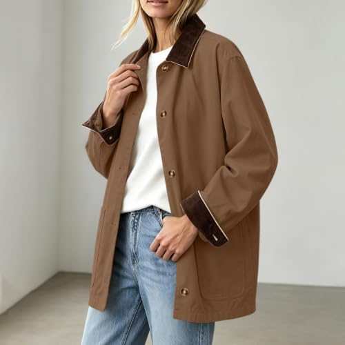 Womens Barn Jacket Corduroy Collar Cuffs Lightweight Button Front Pockets - image 7