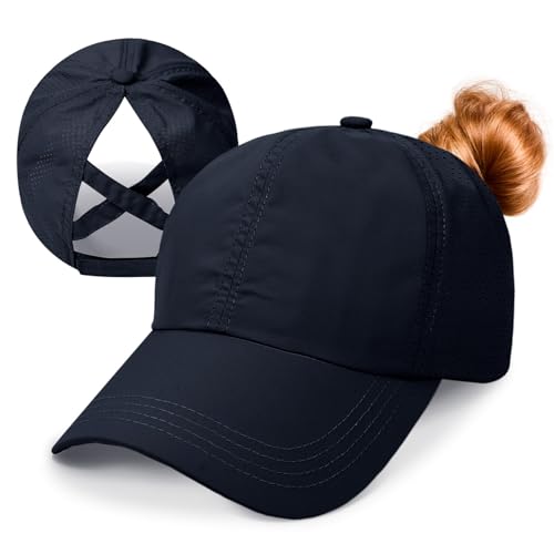 outfit spring Baseball Cap Damen Kappe Sommer Basecap Pferdeschwanz, Verstellbar Frauen Ponytail Cap Baseballmütze Mesh Atmungsaktiv Sonnenhut Freizeit Kappe mit Zopfloch Outdoor Sports Kreuz Marine