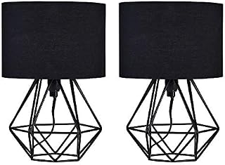 MiniSun Pair of Modern Small Satin Black Metal Basket Cage Table Lamps with a Black Fabric Shade - Complete with 4w LED Golfball Bulbs [3000K Warm White]