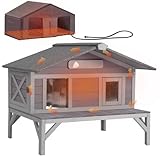 GUTINNEEN Heated Outdoor Cat House Insulated Feral Cat Shelter Weatherproof for Winter with Heater and Insulated Liner, 39.1" L x 31.7" W x 30.4" H, Grey