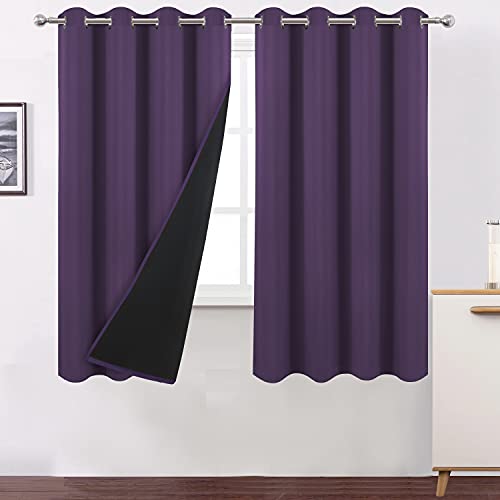 LEMOMO 100% Blackout Purple Curtains with Black Lining/52 x 63 Inch/Set of 2 Panels Thermal Insulated Room Darkening Curtains for Bedroom