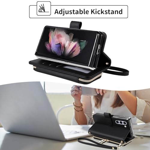 Furiet Argyle Wallet Case for Samsung Galaxy Z Fold 6 5G 2024 with Wrist Strap Shoulder Strap Card Slot Zipper Purse Luxury PU Leather Stand Cell Phone Cover for ZFold6 Z6 G Fold6 6Z Girls Black by Furiet - Used condition - Image 2