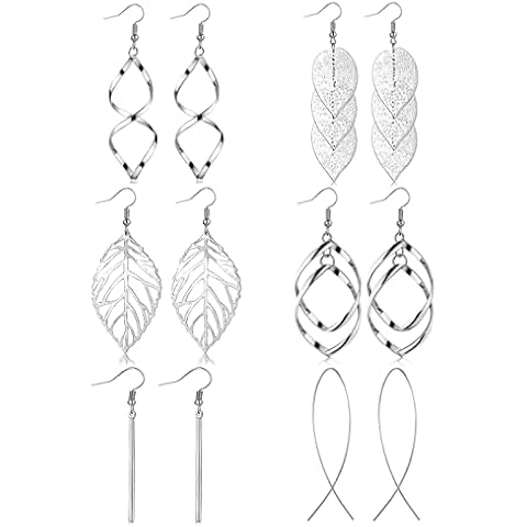 FUNEIA 6 Pairs Drop Dangle Earrings for Women Long Bar Double Twist Wave Curved Threader Cut Out Leaf Lightweight Earrings Set Cover