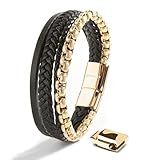 Picture of SERASAR Men's Bracelets 20cm Gold Gift Box Genuine Cowhide Leather Braided Adjustable Magnetic Clasp Multilayer Jewelry Rope Male Band Accessories