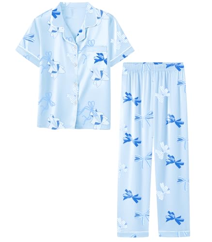 Umeyda Pajamas for Girls Satin Silky Sleepover Short Sleeve Loungewear 2 Pcs Soft Button Down Pjs Set for Cute Kids Blue Bowknot 7-8 Years = Tag 140