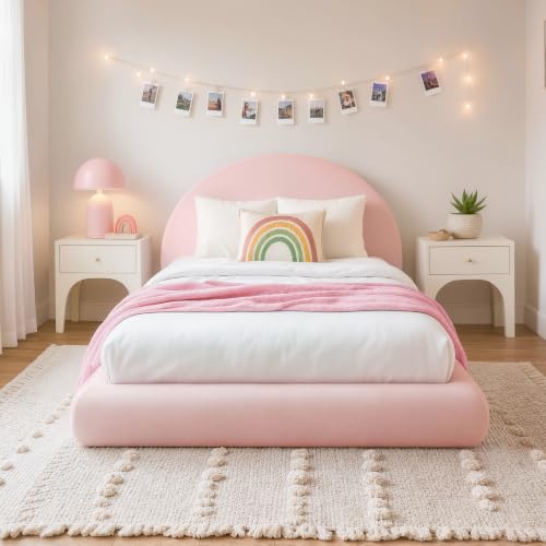 Image of RECCI AirFrame Half-Moon Upholstered Full Platform Bed Frame | Velvet Curved Arched Base, 6-Inch Thickness Headboard, 5 Inch Fully Round Cushioned Foam, No Box Spring Needed, Easy Assembly