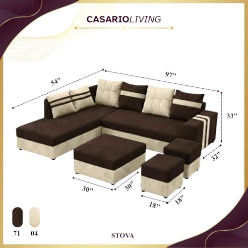 Image of Stova Luxe Velvet-Suede Fabric 8 Seater LHS L Shape Sofa Set | with 2 Ottoman & Centre Table| Comfortable & Spacious Seating | Modern Sofa Set for Living Room - Dark Brown & Cream