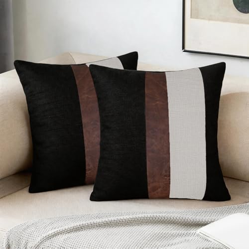 Merrycolor Thick Black Linen Farmhouse Lumbar Throw Pillow Cover Black Brown Color Block Decorative Linen Faux Leather Ticking Stripe Cushion Pillowcase Beige+Black, 18" x 18" (Pack of 2)
