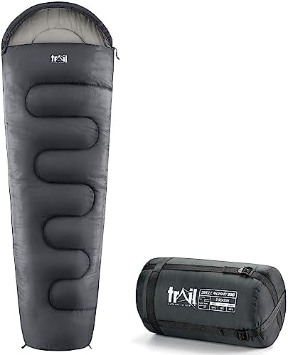 Trail 1-Personen Schlafsack für Erwachsene – Schlafsack 3 Jahreszeiten, Outdoor Frühling Herbst Winter – 300 GSM – für Camping im Freien – Innentaschen - Leichter Kompressionssack