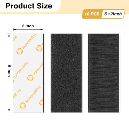 Image of SummerBrite 10 Pairs Heavy Duty Hook and Loop Strips 2 x 5 Inch, Industrial Strength Sticky Back Fasteners, Wide Double Sided Mounting Tape for Garage, Car & Outdoor Use, Black