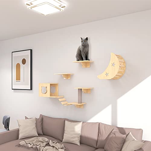 Cat Wall Furniture, Cat Wall Shelves, Mounted Indoor Cats Furniture Solid Wood For Cat Sleeping Playing Lounging Climbing, 2 Cat Houses & 4 Cat Shelves & 1 Ladders & 1 Cat Scratching Post #TOP7