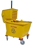 Cubo de fregar industrial 32 Litros con prensa de gran calidad, fabricado en polietileno virgen color amarillo, anónimo. Por su plástico de gran calidad y su diseño resulta altamente resistente, dispone de ruedas para un uso más cómodo
