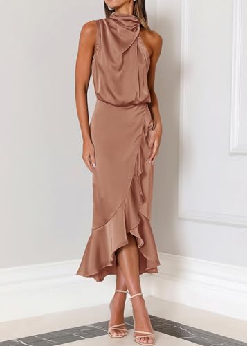 Image of KIRUNDO Women's Summer Satin Mock Neck Wedding Guest Dress | Party Cocktail Midi Dress, 2026 Spring Fashion, Silky, Elegant Classy Halter High Neck, Sleeveless Wrap Ruffle Formal Dress