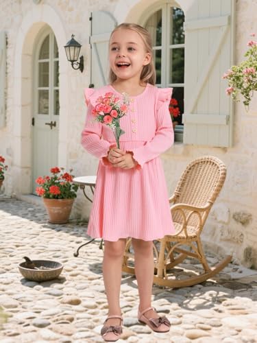 ESHOO Toddler Girl Dress Girls Sweater Dresses Ruffle Long Sleeve Ribbed Knit Casual Fall Dresses for Kids 2-7 Years4
