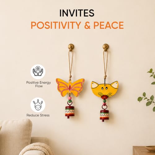 Image of Aakriti Art Creations Flutter & Whisker Wooden Hanging Bells Set | Handmade Modern Art Wooden & Metal Wind Chimes | Indoor & Outdoor Hanging Bells for Balcony, Garden, Living Room & Gifting