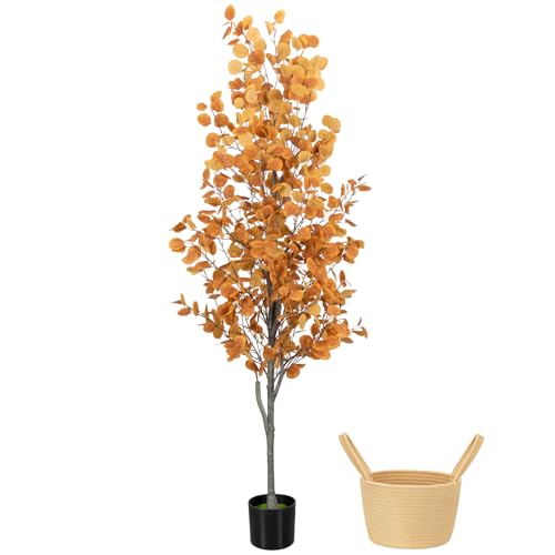 Liyarya 6FT Fall Artificial Eucalyptus Tree with Wicker Basket Orange Potted Faux Eucalyptus Trees Autumn Fake Eucalyptus Plants Lifelike Leaves & Natural Trunk for Home Office Bedroom Indoor