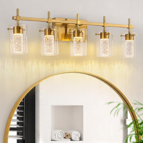 Image of 5-Light Gold Vanity Light with 3 Color Modes (3000K /4000K /6000K), Eye Protection LED Bathroom Light Fixture, Dimmable Modern Wall Light Over Mirror with Clear Glass Shade