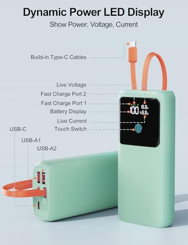 Image of Portable Laptop Charger 24000mAh 65W w /USB C Built-in Cable Green | 65W Fast charging, LED display, Charge 4 devices at once, Pass through, TSA approved, Compatible with Macbook /Notebook /iPhone