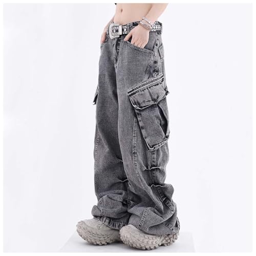 MLAFE Women's Baggy Cargo Pants Y2k Multi-Pocket Relaxed Fit Jeans Grunge Denim Washed Aged Hip Hop Jeans for men and women2