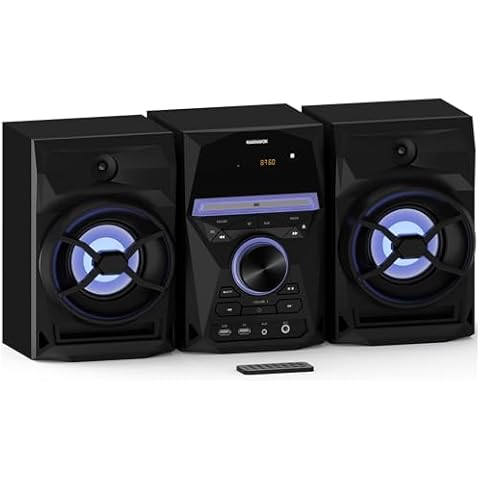 Magnavox 3-Piece CD Shelf System with Bluetooth, FM Radio, Remote Control, Colored Speaker Lights, LED Display, AUX Port - Black Cover