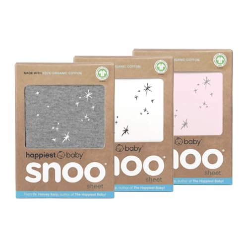 Happiest Baby SNOO Bassinet Fitted Sheet - 100% Organic Cotton Nursery Bedding - Fits SNOO Sleeper Crib Mattress - 3-Pack Bundle (White Grey Pink)