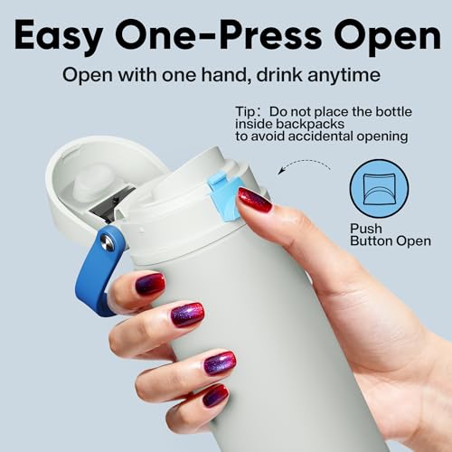 Image of Insulated Water Bottle with Straw - Encool Stainless Steel Water Bottle with Push Button Lid, Leak-Proof & BPA-Free, Keeps Cold for 24 Hours for Sports, Travel, Gym (24 oz, Quill Grey-Blue)