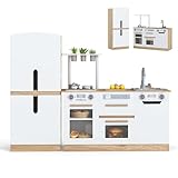 INFANS Kids Kitchen Playset, 2 in 1 Wooden Pretend Play Kitchen with Running Water Fridge Realistic Sounds Lights, Toddler Cooking Toys Gift for Boys Girls