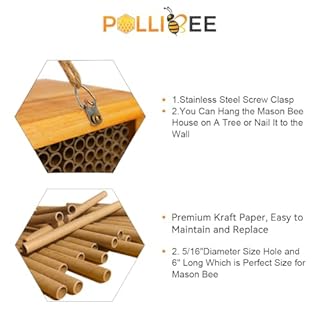 Mason Bee House - Wax Coated Hotel for The Garden, Natural Handmade Wooden Waterproof Mason Bee Home, Attracts Peaceful Pollinators, Native Mason Bee Habitat