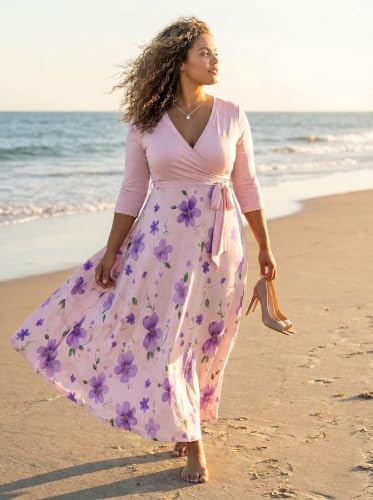 Image of PinkPatty Women's Plus Size V Neck 3 /4 Sleeve Wrap Maxi Dress with Belt