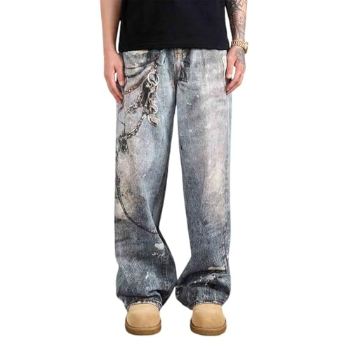 BXCNCKD Men's Retro Chain Printed Wide Leg Pants Y2k Street Trend Pants Mens Jeans Relaxed fit