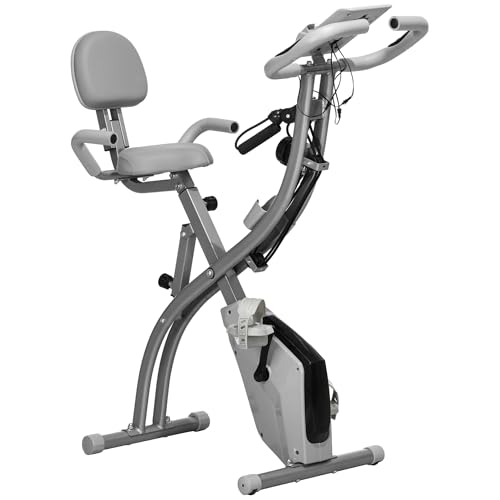 HOMCOM 2-in-1 Folding Exercise Bike, Foldable Stationary Bike with 8-Level Adjustable Magnetic Resistance, Arm Resistance Band, Pulse Sensor and LCD Display, Grey