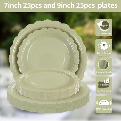 LDFDRT Christmas Sage Green Paper Plates New Year 25 * 7\" &25 * 9\" Party Cake Dessert Scalloped Paper Plates Disposable Party Supplies Decorative for Birthday Baby Shower Wedding - Thumbnail 4