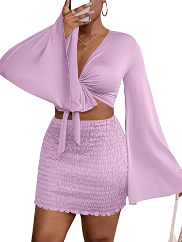 Image of LYANER Women 2 Piece Vacation Outfits Tie Knot Front Bell Long Sleeve Crop Top and Mini Skirt Summer Set