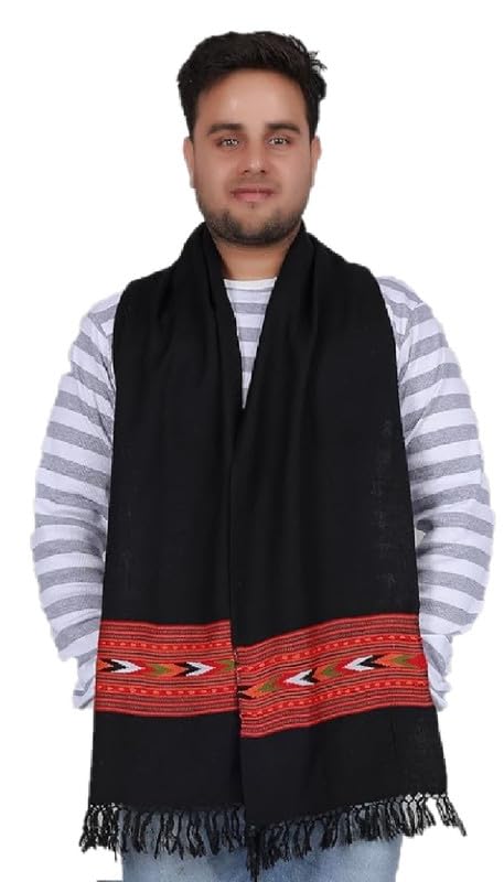 w+ Handwoven Wool Muffler – Embroidered Black 1 Patti Design | Cozy and Warm Scarf for Men & Women | Traditional Pure Wool Craftsmanship for Winter Fashion (Black)-picture-9
