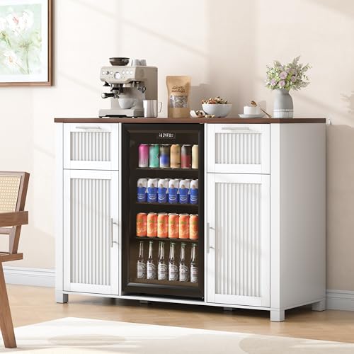 Image of 53 inch Long Fluted Mini Fridge Cabinet with Power Outlet & 2 Drawers, White