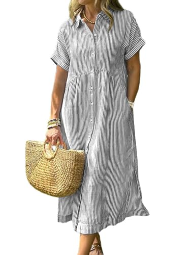 chouyatou Women's Summer Striped Midi Long Shirt Dress Casual Loose Short Sleeve Button Down Dress (Large, Grey)