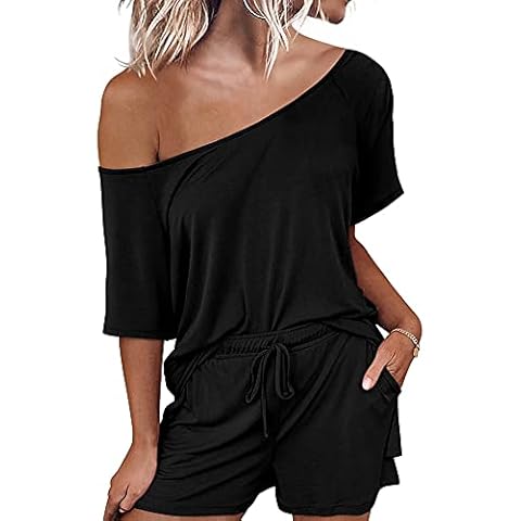 Women Pjs Pajama Set Cotton Short Sleeve Shorts Loungewear Off Shoulder Nightwear Sleepwear Top & Bottoms Outfits_Black_XXL Cover