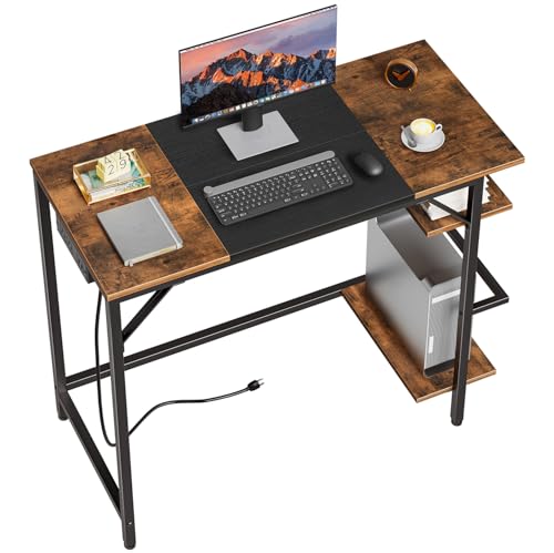 HOOBRO Small Computer Desk, Home Office Desk with Power Outlet, Writing Desk with 2 Shelves, Modern...