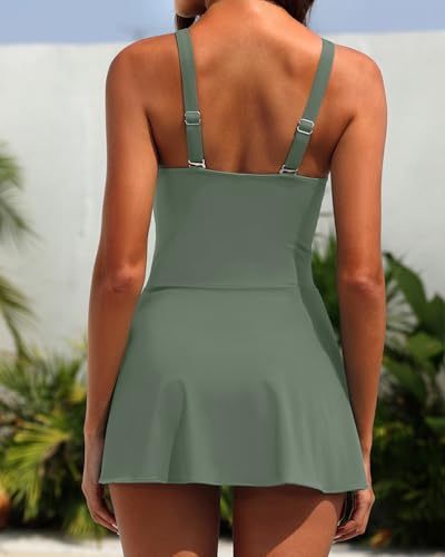 Image of Tempt Me Women One Piece Swim Dress Tummy Control Swimsuit with Skirt | V-neck flattering Cut, Wrap Tie Side, Removable Padded Cups, Adjustable Straps
