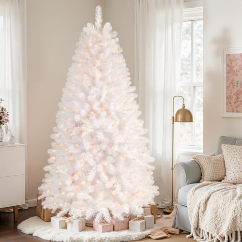 SHareconn 6ft Pre Lit Christmas Tree with 250 Warm White LED Lights, 8 Adjustable Lighting Modes, 778 Branch Tips, Foldable Metal Stand, Artificial Christmas Trees for Home Party Decoration, White
