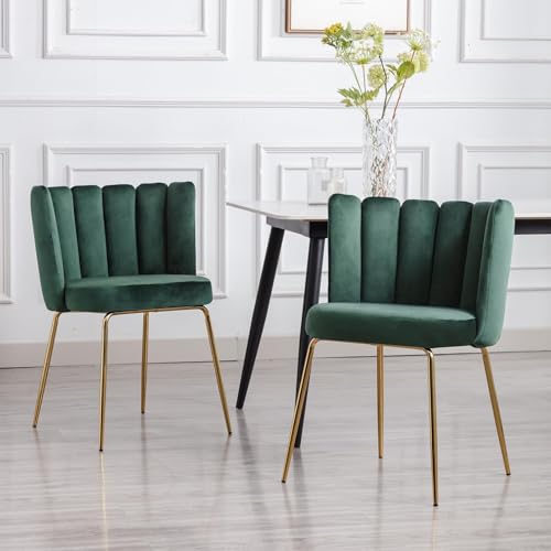 Janoray Velvet Dining Chairs Set of 2, Modern Accent Chair with Petal Back & Gold Metal Legs Comfy Upholstered Side Chairs for Kitchen/Living Room/Dining Room, Green