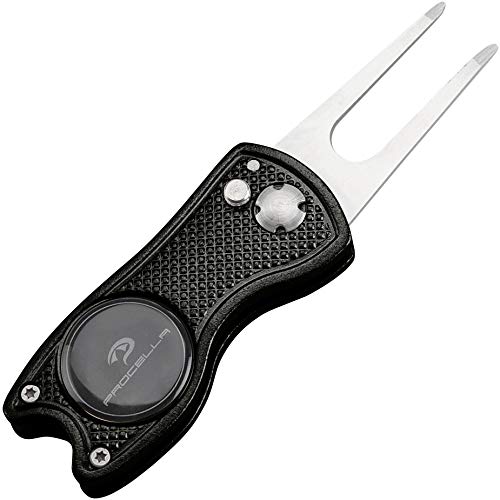 Procella Golf Divot Repair Tool with Golf Ball Marker Hat Clip | Solid Metal Switchblade Knife Style Divot Tool | Multi Tool Golf Accessories for Men and Women