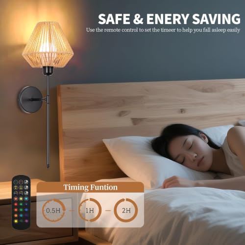 Image of Battery Operated Wall Sconces Set of 2, Rattan Rechargeable Wall Light Dimmable with Remote Control, 15 Color Changing and Timer, 24 inch Boho Black Gold Wall Lamps for Bedroom,Living Room