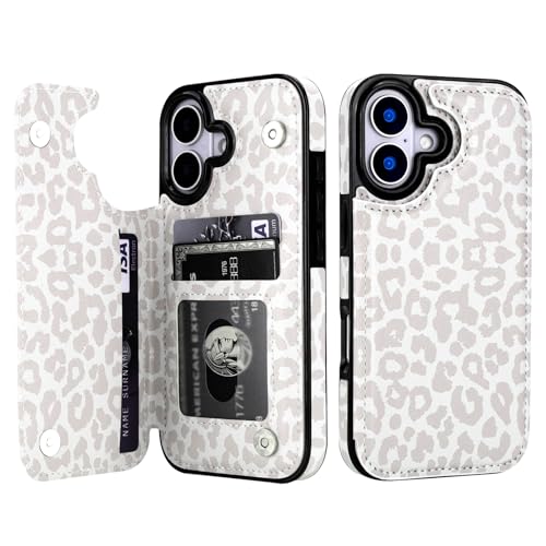 HAOPINSH Wallet Case with Card Holder for iPhone 17 White Leopard Cheetah Pattern Back Flip Folio PU Leather Kickstand Card Slots Case for Women Girls Magnetic Clasp Shockproof 6.3