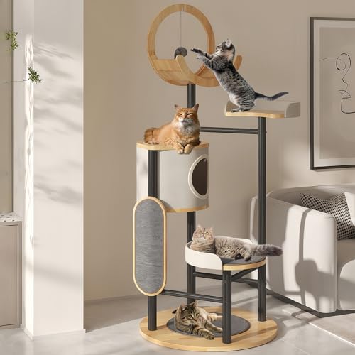 Corner Cat Tree, 66″ Modern Cat Tower for Indoor Cats with Hammock, Dangling Ball, Large Plush Platform for Large Cats, Curved Series Carbon Steel Big Cat Climbing Towers