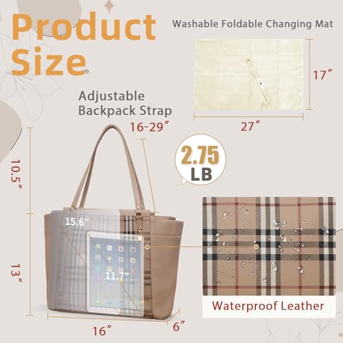 Image of miss fong Checkered Diaper Bag Tote - Leather Diaper Bag Backpack, Large Capacity Mommy Bag Hospital Bag, 12 Pockets Travel Diaper Tote with Changing Pad for Mom Plaid Tote Bag for Women-light brown