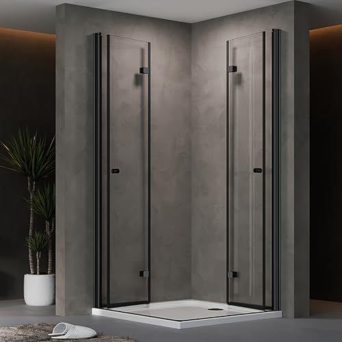 AQUENITH Duschkabine Eckeinstieg Schwarz 80x80cm Doppel Duschtür Falttür Duschwand Duschabtrennung Faltbar Eckdusche mit 6mm ESG Sicherheitsglas,Höhe 185cm