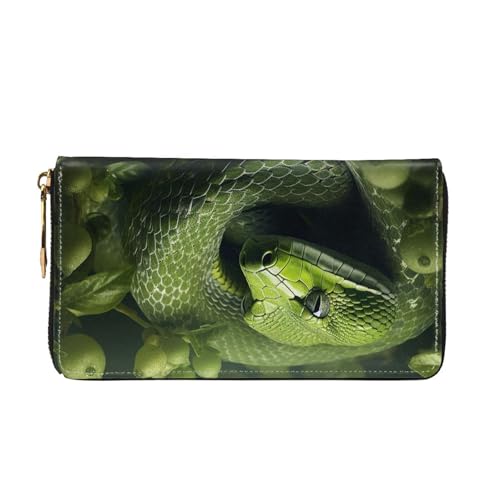 Leather Wallet for Women Men Bifold Wallet Ultra Slim Credit Card Holder Green Snake on Trees Ladies Clutch Purse3